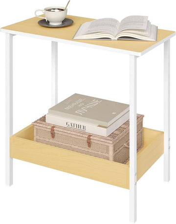 Bijzettafel met 2 legplanken, metaal en houtlook | Houtlook + Wit | 50x25x55 cm