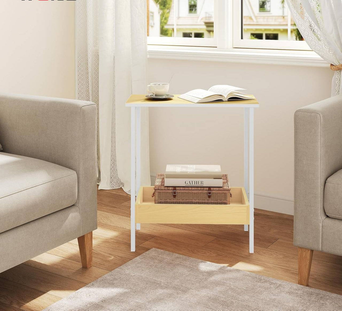 Beistelltisch mit 2 Ablagen, Metall und Holzoptik | Holzoptik + Weiß | 50x25x55 cm