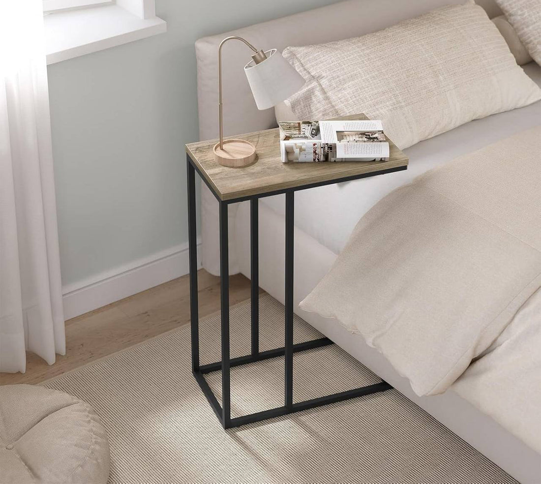 Beistelltisch C-förmig mit Metallrahmen und MDF-Platte | Grau in Holzoptik | 45x25x63,5 cm