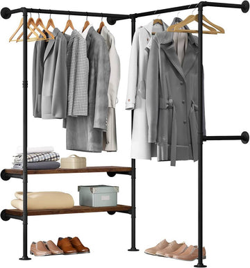 Open hoekgarderobe met kledingroedes en planken | Zwart en vintage houtnerf | 130,5x130,5x187 cm