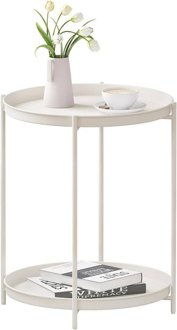 Ronde bijzettafel met opbergruimte en 2 afneembare dienbladen | Crème | 44x44x53 cm