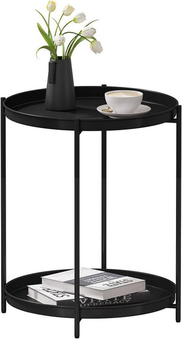 Ronde bijzettafel met opbergruimte en 2 afneembare dienbladen | Zwart | 44x44x53 cm