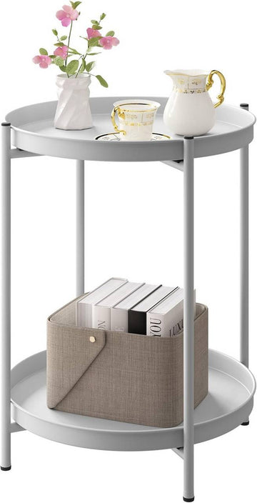 Ronde bijzettafel met opbergruimte en 2 afneembare dienbladen | Lichtgrijs | 44x44x53 cm