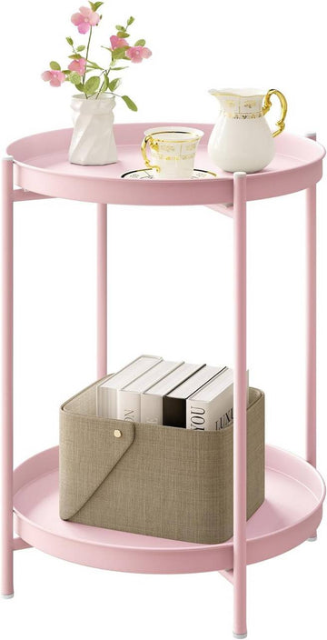 Ronde bijzettafel met opbergruimte en 2 afneembare dienbladen | Roze | 44x44x53 cm