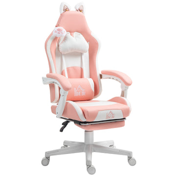 Gamingstoel met kattenoren en voetsteun | Kleur: Roze, Wit | Afmetingen: 65x62x116-124 cm