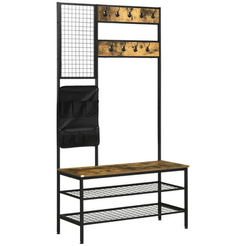Kapstok halmeubel met schoenenbank | Kleur: Rustiek bruin+zwart | Afmetingen: 100x40x185 cm