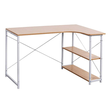 Ruim hoekbureau met 2 legplanken | Lichte eik/wit | 120x74x71,5 cm