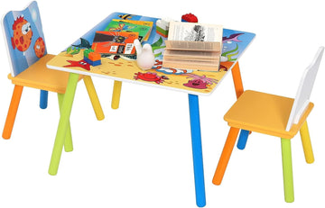 Kindertafel met 2 stoelen met zeemotief van MDF en massief hout | 60x60x44 cm