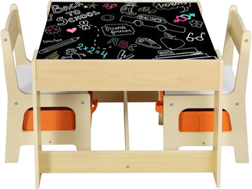 3-delige kindertafelset met 2 stoelen en opbergruimte | Wit/houtnerf/oranje | 62x61,5x48 cm