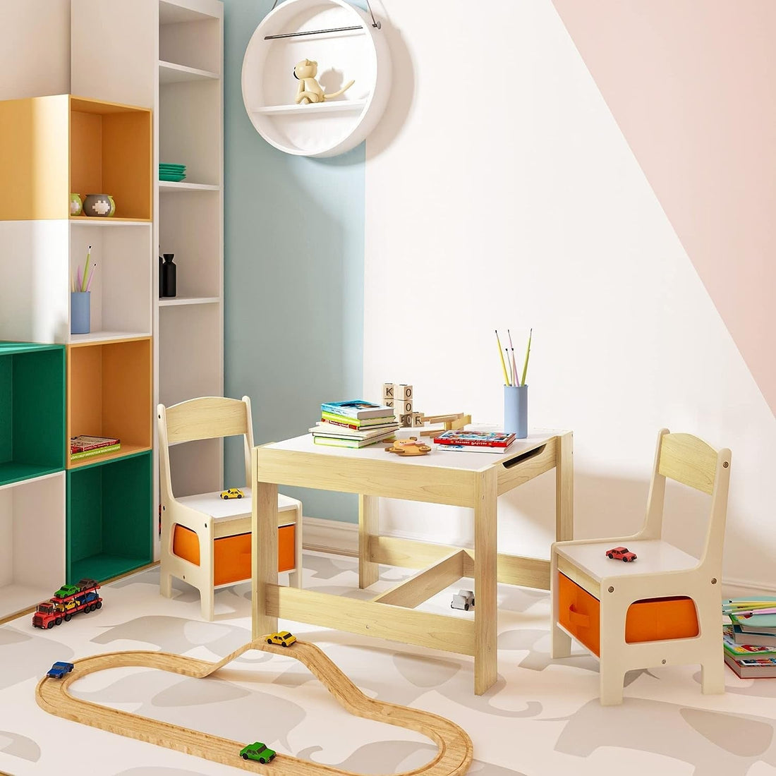 3-delige kindertafelset met 2 stoelen en opbergruimte | Wit/houtnerf/oranje | 62x61,5x48 cm