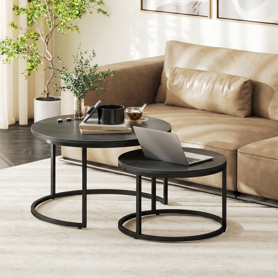 2-teiliges Couchtisch-Set - Stapelbare Tische | Farbe: Schwarz | Maße: 78,5x78,5x46,5 cm