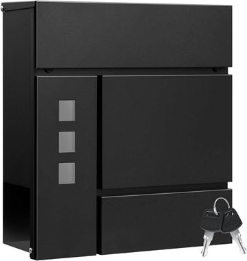Wandbrievenbus met klep en tijdschriftenvak | Zwart | 37x10,5x37 cm