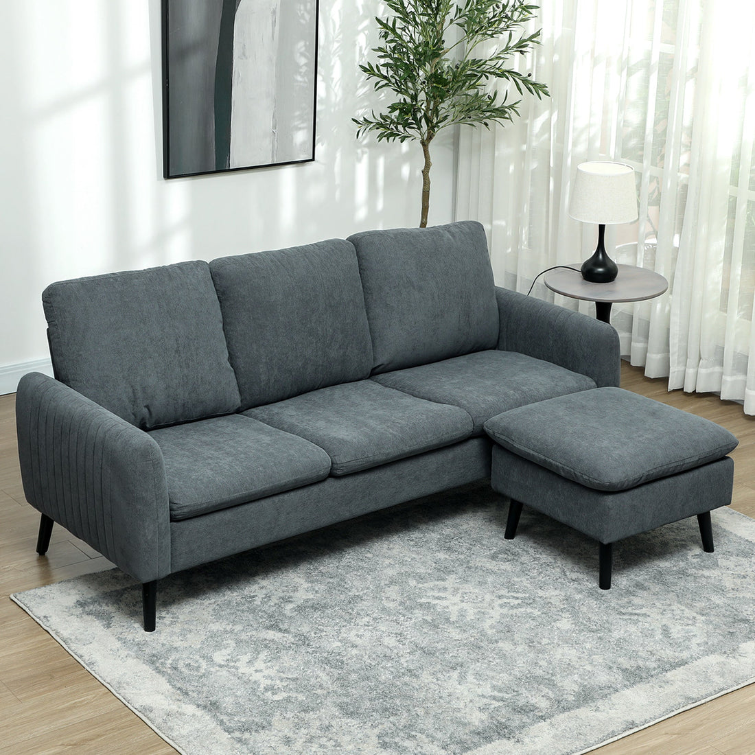 Hörnsoffa 3-sits med fotpall | L-formad soffa | Färg: Grå | Mått: 196x140x88 cm
