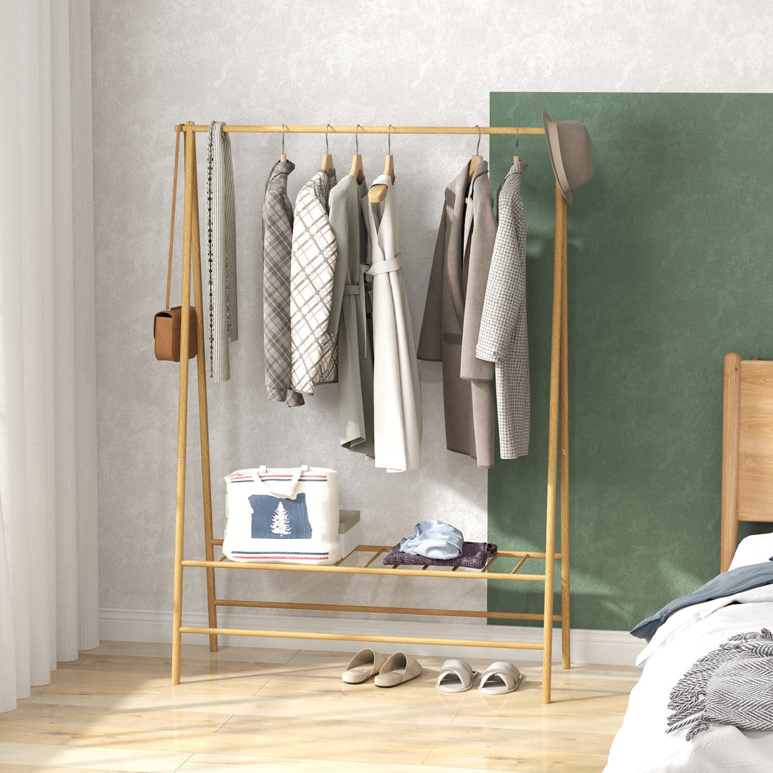 Garderobe aus Bambus mit Schuhregal und Haken | Farbe: Braun | Abmessungen: 116x43,5x160 cm