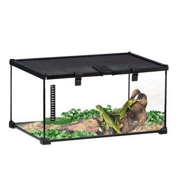 Reptielenterrarium met waterbak en thermometer | Kleur: Zwart | Afmetingen: 50x30x25 cm