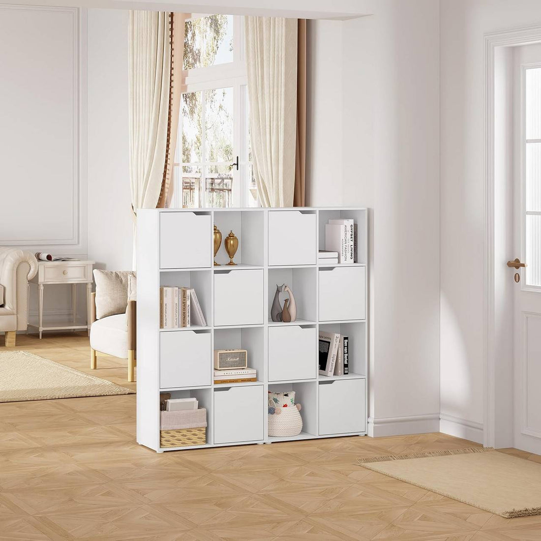 Bücherregal mit 8 Fächern und 4 Türen | Weiß | 60x30x120 cm