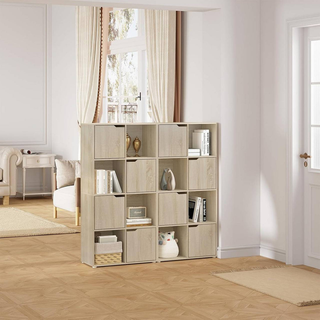 Bücherregal mit 8 Fächern und 4 Türen, Würfelregal Raumteiler | Helle Eiche | 60x30x120 cm