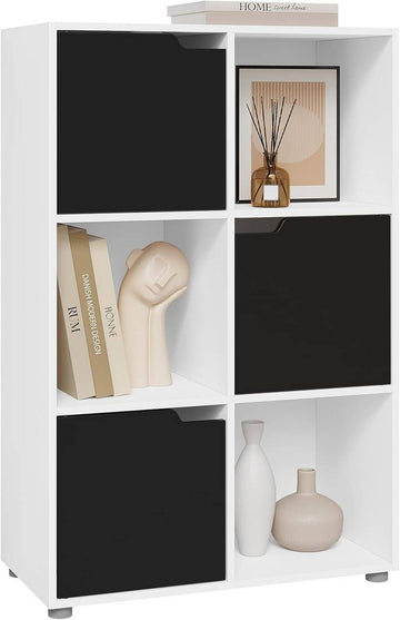 Boekenkast met 3 deuren en 6 vakken | Wit+Zwart | 29x59,6x91 cm