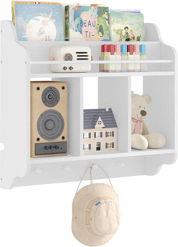 Kinderboekenrek met 1 boven vak, 3 open vakken en 4 haken | Wit | 60x20x57 cm