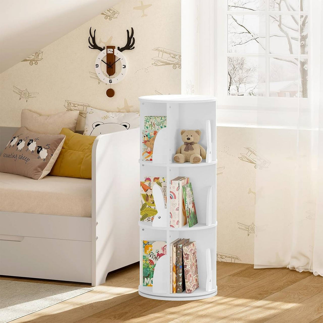 Drehbares Kinderbücherregal mit 3 Ebenen | Weiß | 40x40x97 cm
