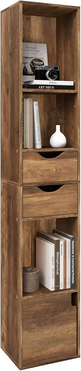 Boekenkast met laden en deur | Bruine houtlook | 30x24x158 cm