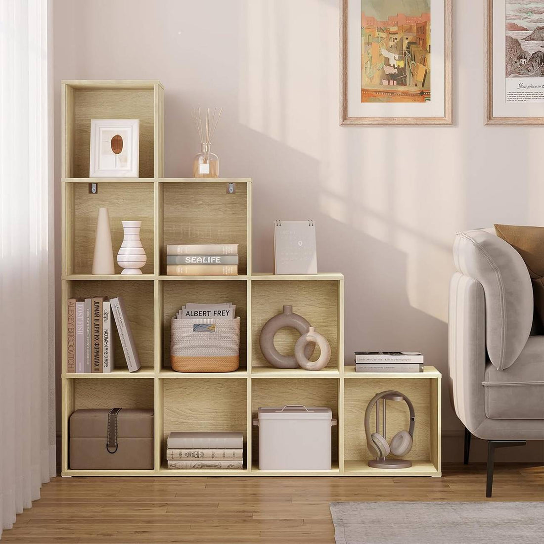 Bücherregal mit 10 Fächern, Würfelregal | Helle Eiche | 120x30x120 cm