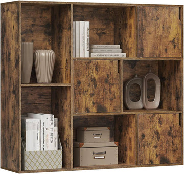 Boekenkast met 8 vakken en 3 deuren | Rustiek bruin | 106x30x96 cm