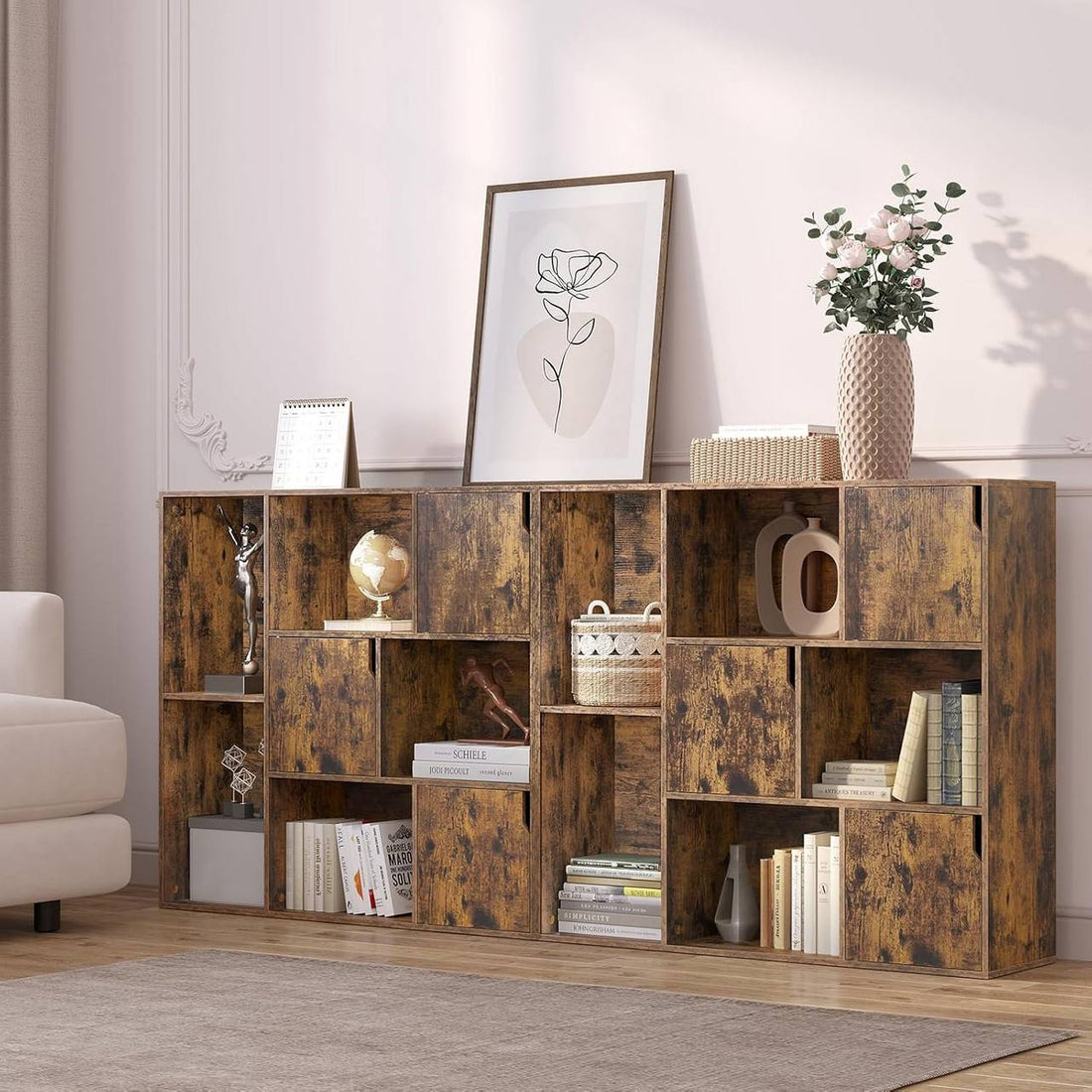 Bücherregal mit 8 Fächern und 3 Türen | Rustikales Braun | 106x30x96 cm