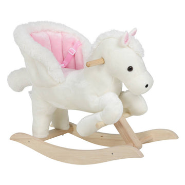 Schommelpaard met dierengeluiden en veiligheidsgordel | Wit en roze | 70x28x57 cm