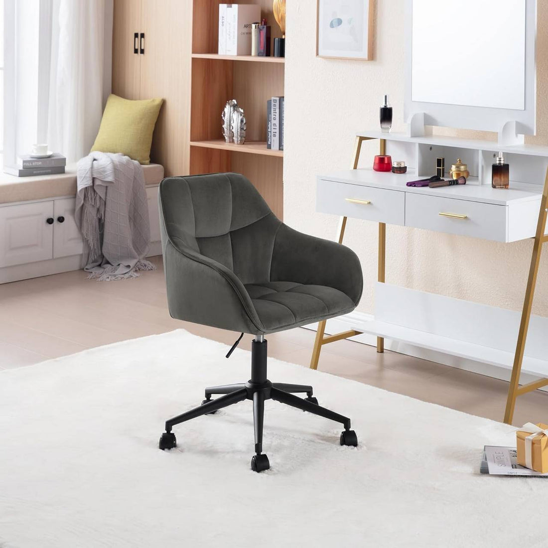 Bürostuhl mit Armlehnen und Samtsitz | Dunkelgrau/Schwarz | 61x56x81-90 cm