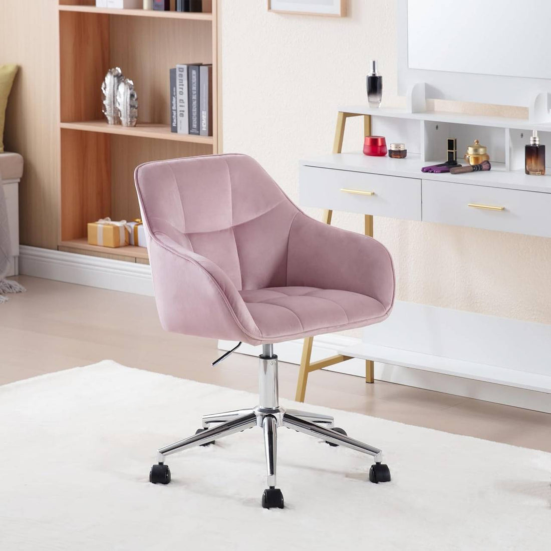 Bürostuhl mit Armlehnen, Samtsitz, verstellbar | Rosa/Silber | 61x56x81-90 cm