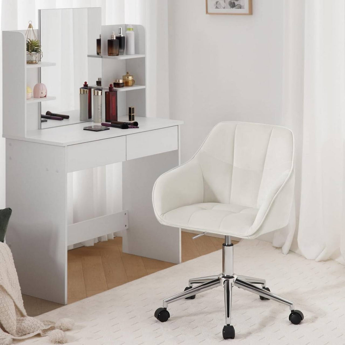 Bürostuhl mit Armlehnen, verstellbar und drehbar | Cremeweiß | 61x56x81-90 cm