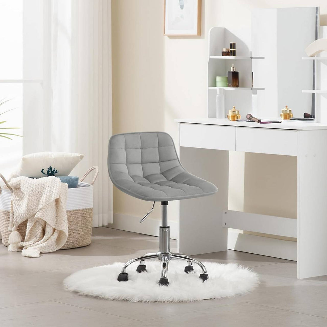 Ergonomischer Bürostuhl mit Rollen, drehbar, Samt | Hellgrau | 43x50x60-67,5 cm