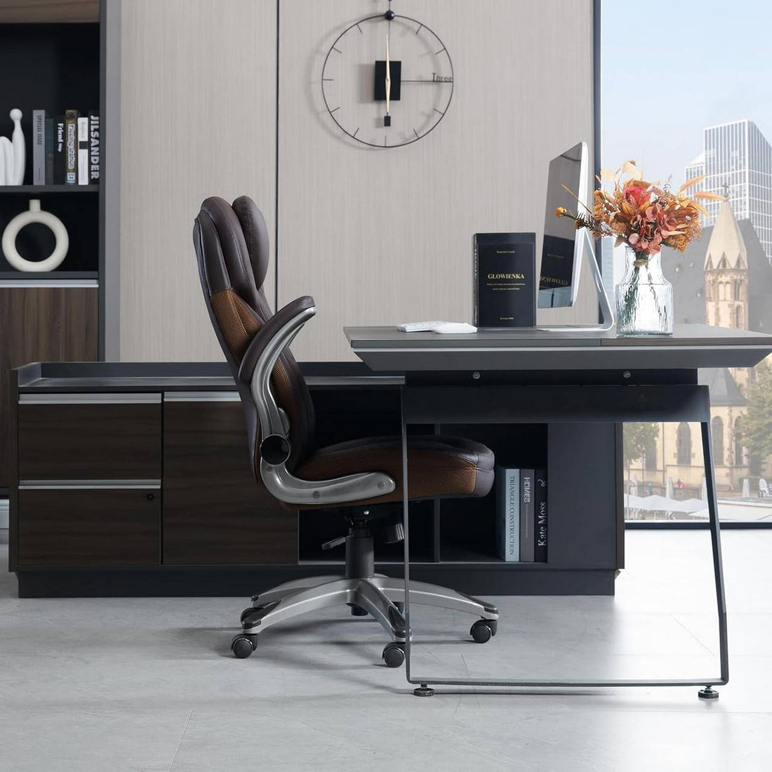 Ergonomischer Bürostuhl mit Kopfstütze und Armlehnen | Braun | 72x78x114,5-124,5 cm