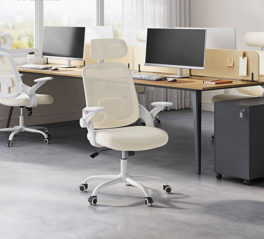 Ergonomische bureaustoel met lendensteun en wipfunctie | Beige | 63,5x50x109,5-117,5 cm