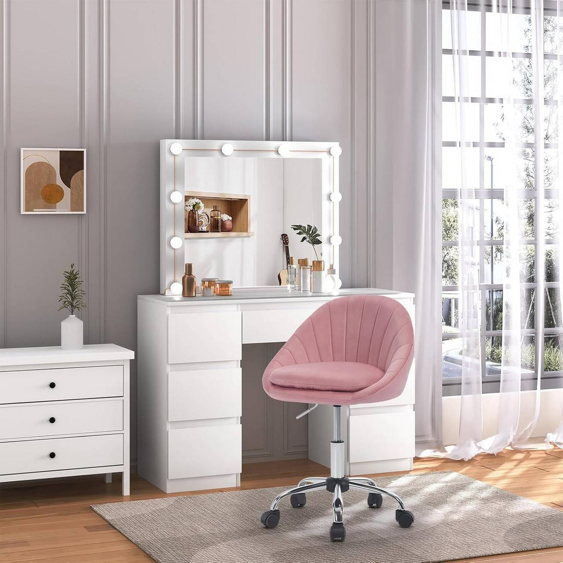 Ergonomischer Bürostuhl mit Rollen | Rosa | 52x52x72-82 cm