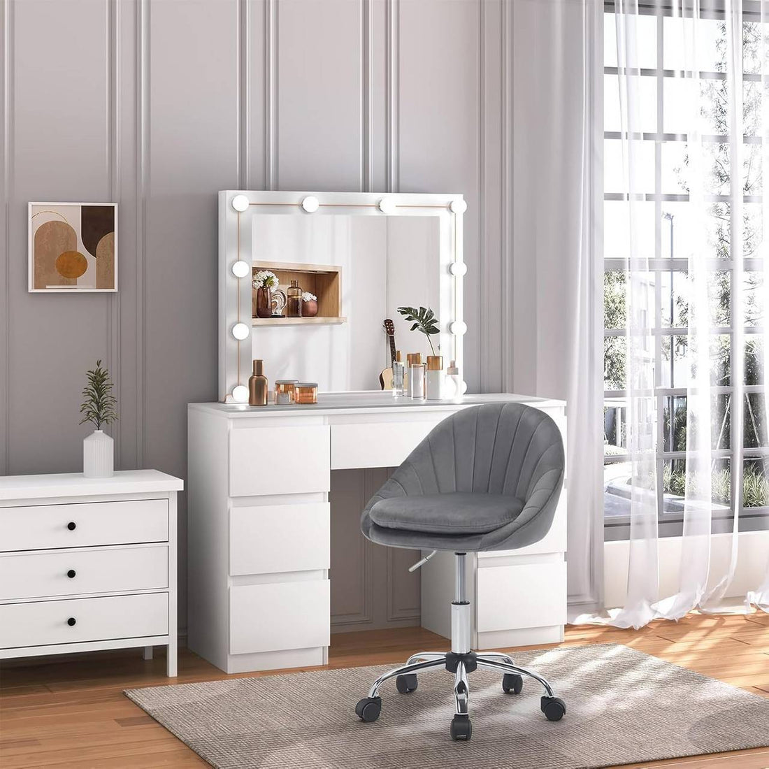 Ergonomischer Bürostuhl und Make-up-Stuhl mit Rollen | Dunkelgrau | 52x52x72-82 cm
