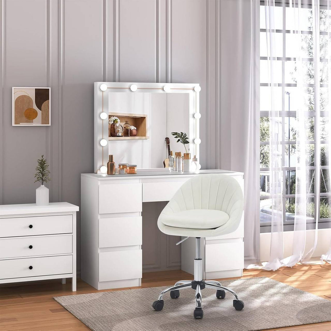 Ergonomischer Bürostuhl mit Rollen, Samt Beige | 52x52x72-82 cm