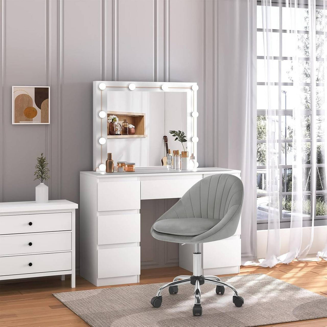 Ergonomisk kontorsstol i sammet med hjul | Ljusgrå | 52x52x72-82 cm