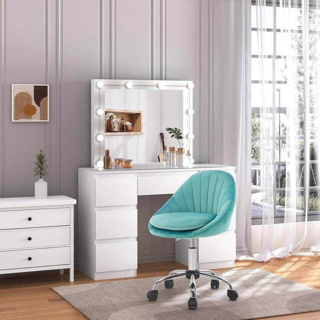 Ergonomisk kontorsstol, sminkstol 150 kg sammet | Turkos | 52x52x72-82 cm