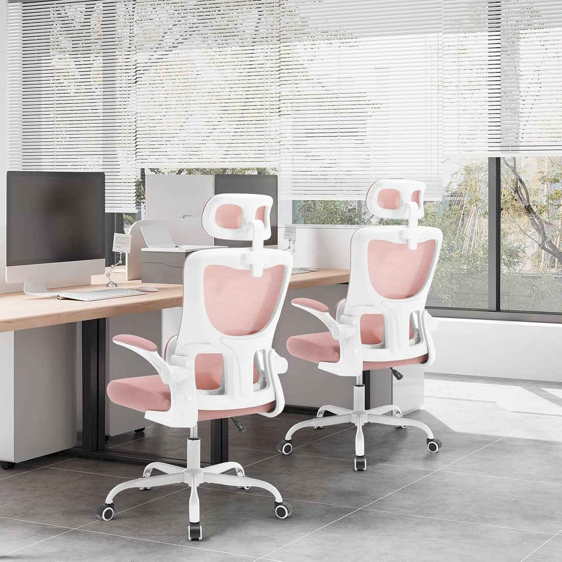 Ergonomischer Bürostuhl mit Kopfstütze und Armlehnen | Rosa | 62x69,5x116-123,5 cm