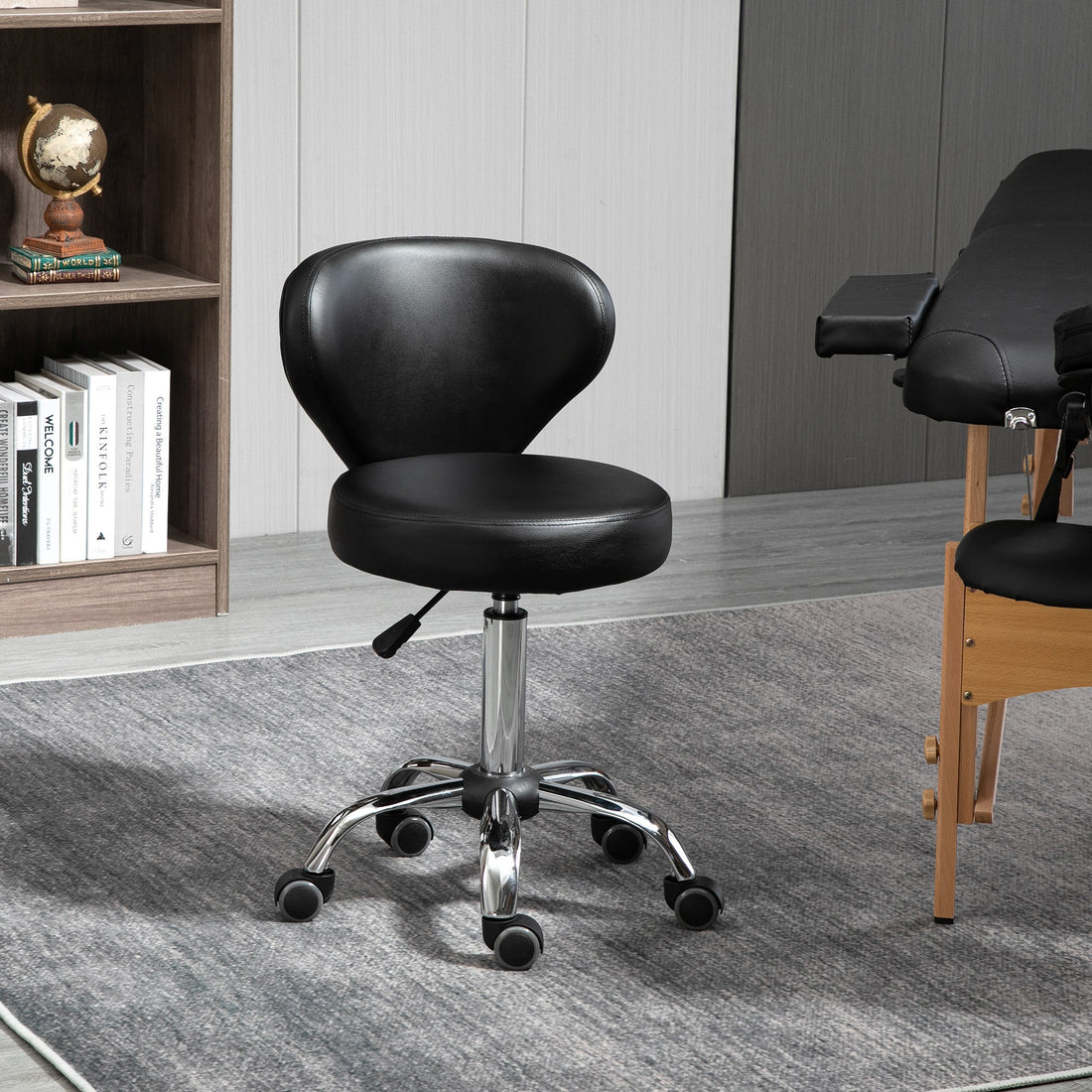 Massagesessel auf Rädern - Arbeitshocker | Farbe: Schwarz, verchromtes Metall | Abmessungen: 54x45x73-88 cm