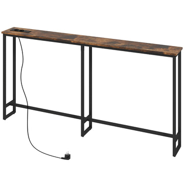 Smalle consoletafel met laadstation en stalen frame | Kleur: Bruin