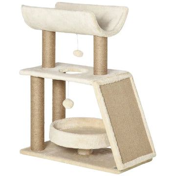 Kattenboom met krabpaal, mand en speeltjes | Kleur: Lichtbruin | Afmetingen: 60x30x76 cm