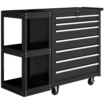 Werkplaatswagen met 7 laden en zijrek | Kleur: Zwart | Afmetingen: 33,5x96x75 cm