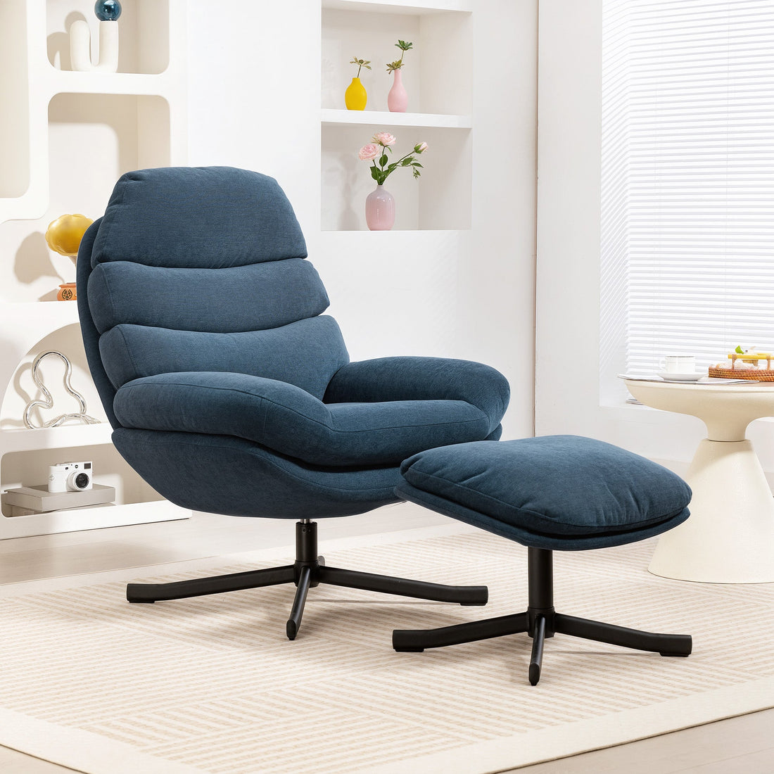 Relaxliege mit Fußhocker - Chenille Loungesessel | Farbe: Blau | Abmessungen: 78x93x100 cm