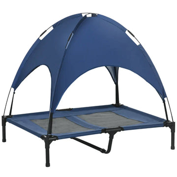 Verhoogd hondenbed met overkapping | Kleur: Donkerblauw+Zwart | Afmetingen: 76x92x90 cm