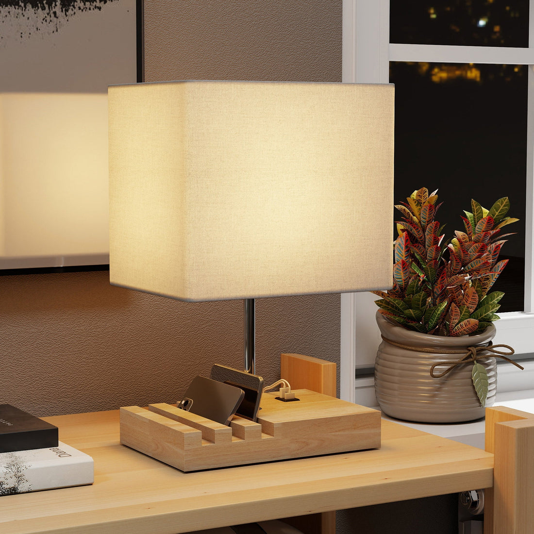 Nachtlamp met USB-poorten en opbergruimte | Kleur: Bruin en wit | Afmetingen: 20x25x40.5 cm