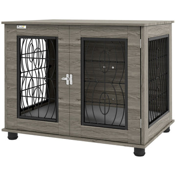 Hondenbench met ligkussen en opbergruimte | Kleur: Grijs/houtdecor | Afmetingen: 56x80x63 cm
