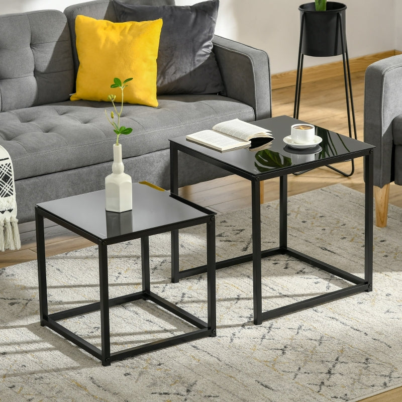 Set om 2 sidobord - Stapelbara glasbord | Färg: Svart | Mått: 50x50x52 cm